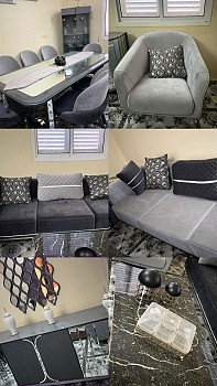 Salon complet neuf avec 8 places, table à manger et chaises, armoire