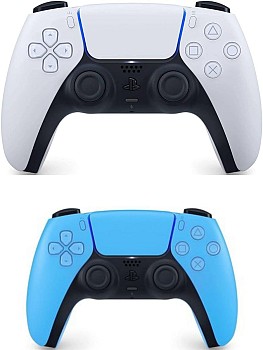 Deux manettes PS5 blanches et bleues, en excellent état