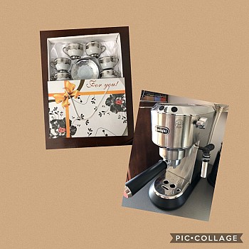 Delonghi espresso machine + 6 new cups with saucers