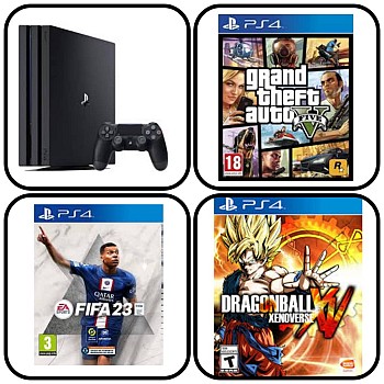 PS4 Pro 1To avec 2 manettes et jeux (GTA 5, Dragon Ball XV, FIFA 23)