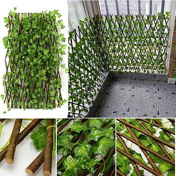 Treillis extensible en bois naturel avec feuillage artificiel - Décoration pour véranda et extérieur