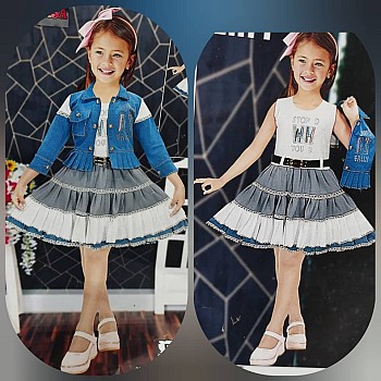 Robe fille 2 pièces avec veste en jean et volants