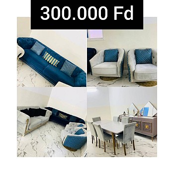 Magnifique salon turc moderne, presque neuf avec table à manger et commode avec miroir