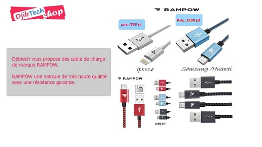 Cable de chargeur Garantie à Vie de marque RAMPOW.