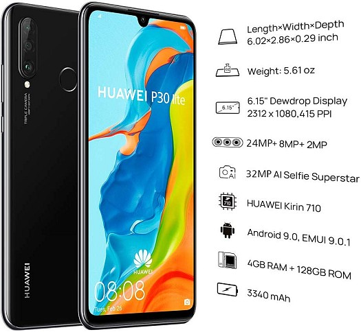 Huawei P30 Lite Smartphone, Dual SIM, 128GB, 4GB RAM