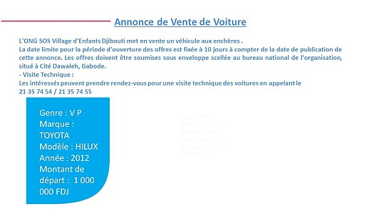 ONG SOS Village d\'Enfants Djibouti - Vente de véhicule aux enchères