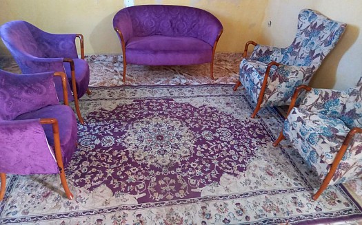 Salon en excellent état avec tapis et rideaux inclus