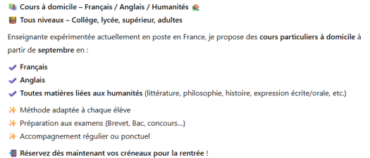 Cours de français et anglais à domicile - Humanités