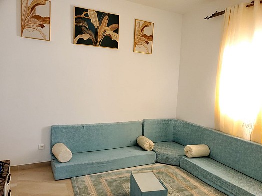 Salon complet en tissu turquoise, matelas médicaux inclus