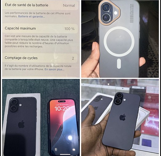 iPhone 16 Noir 128 Go, Batterie 100%, Comme Neuf