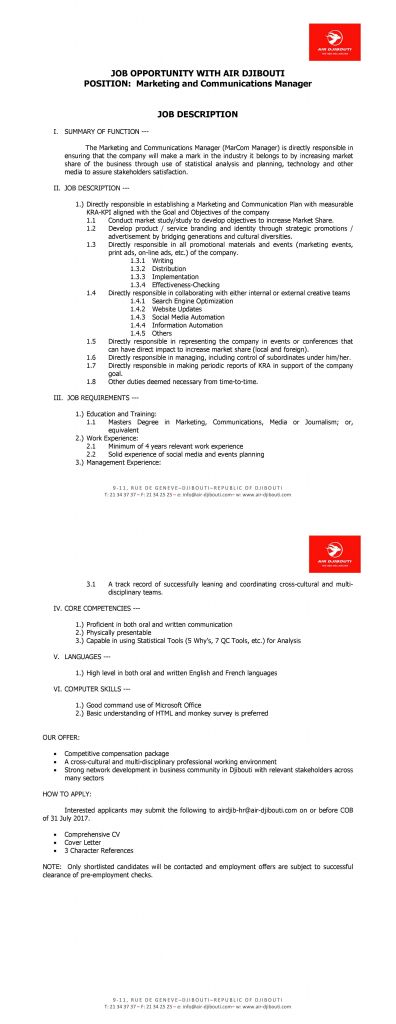 job opportunity with air djibouti -marketing & communications manager